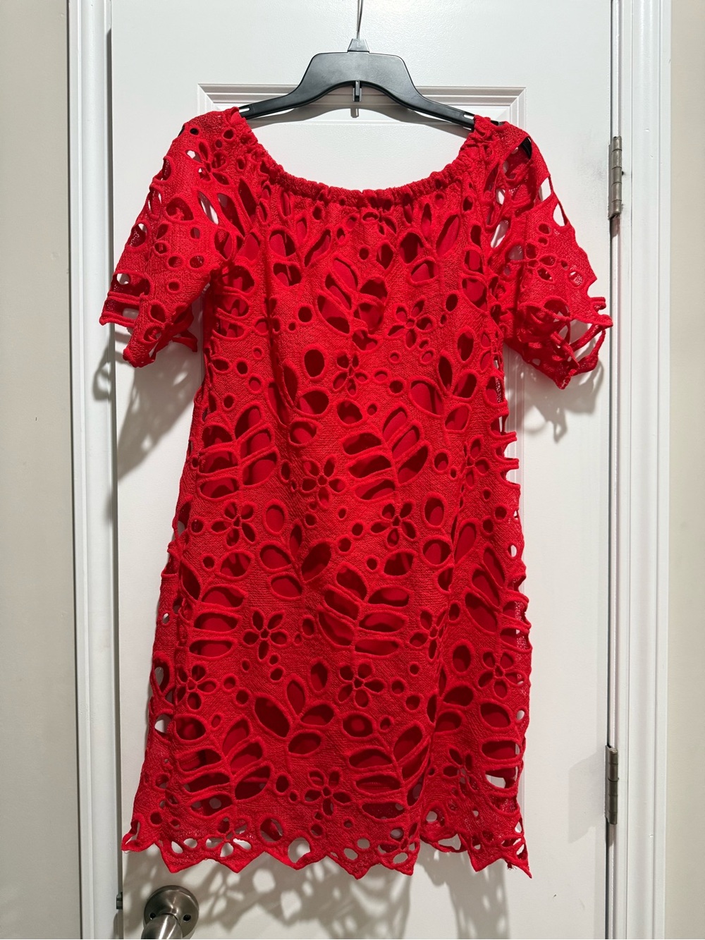 Off-Shoulder Red Cutout Lace Mini Dress
